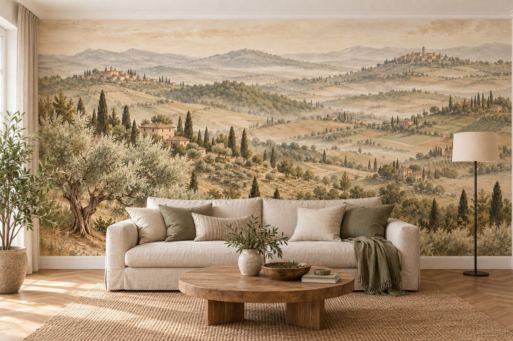 La Toscane — fresque panoramique posée dans un salon