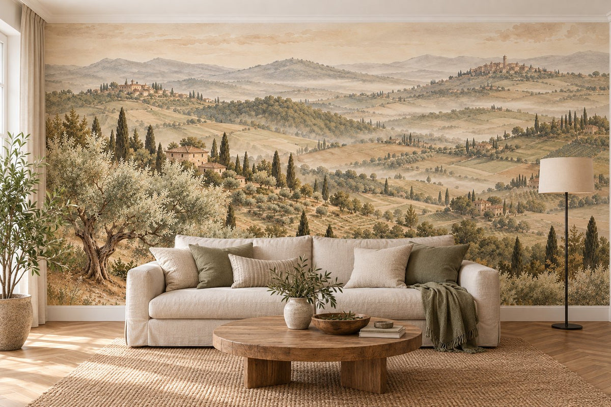 La Toscane — fresque panoramique posée dans un salon